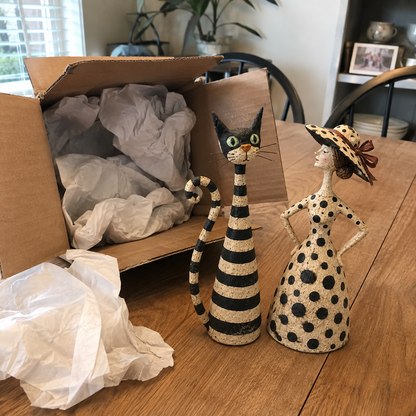 Vintage Cat & Lady Folk Art Figurine Set