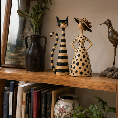 Vintage Cat & Lady Folk Art Figurine Set