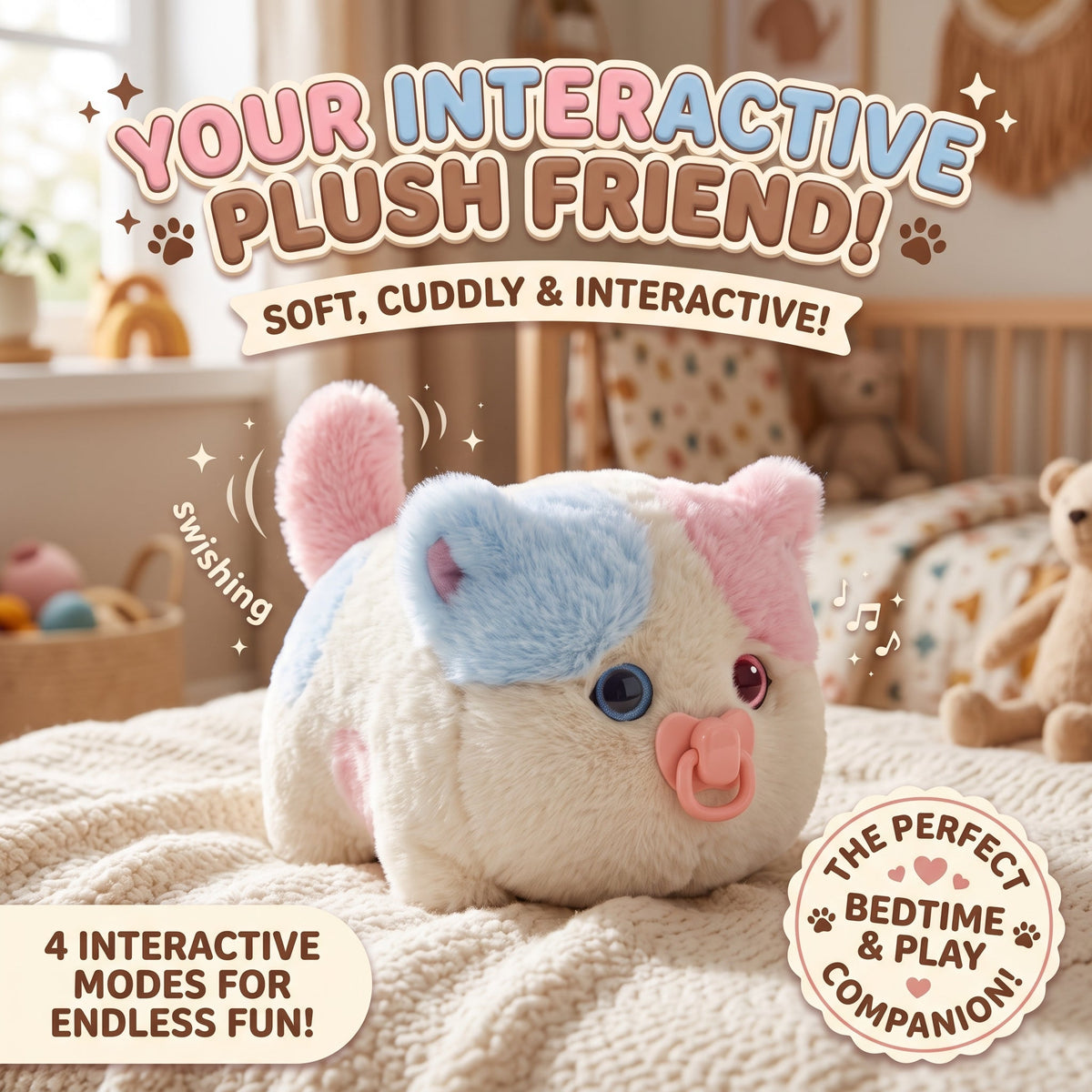 WinkyTail Interactive Plush Cat Toy – Talking Kitten with Voice Repetition, Moving Ears, Purring Sounds & Magnetic Pacifier