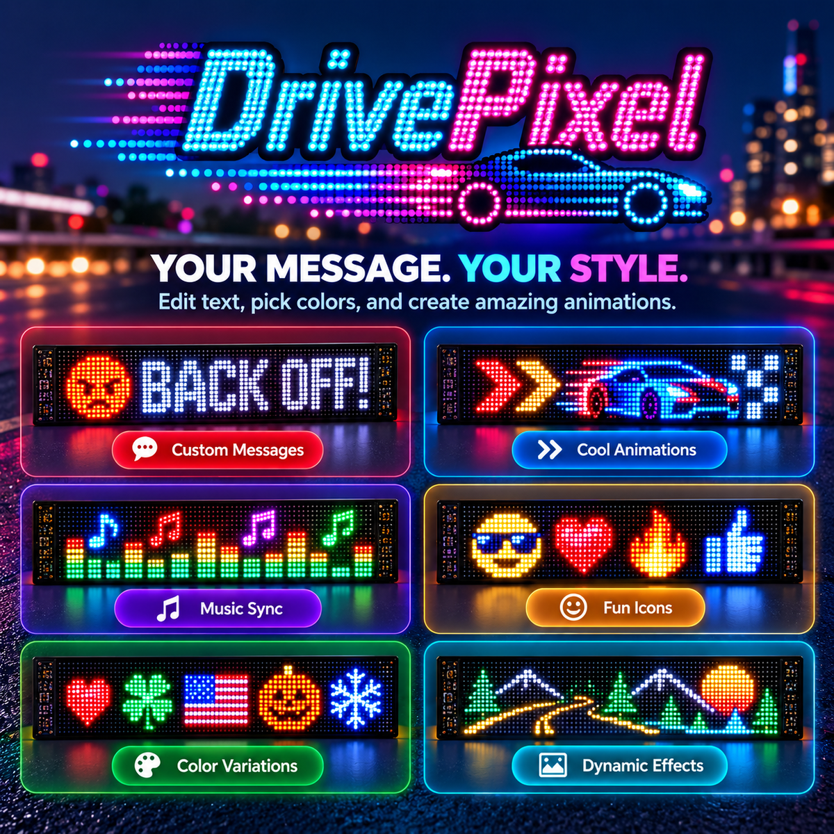 🚗 Smart LED Pixel Car Display — App-Controlled Custom Text, Colors & Animations