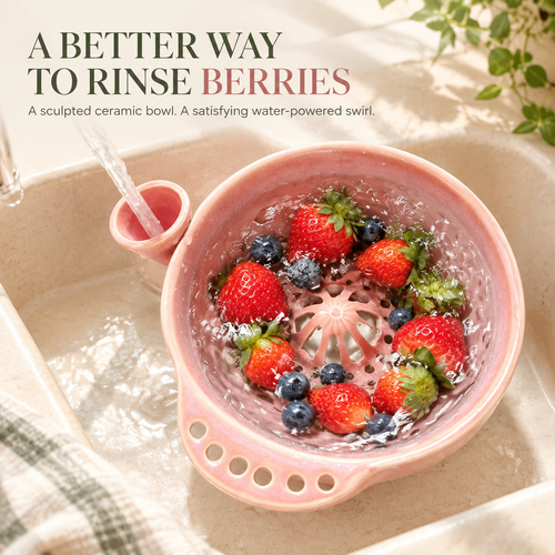 Handmade Ceramic Swirl Berry Washing Bowl — Water-Powered Vortex | 2 Sizes | No Electricity Needed