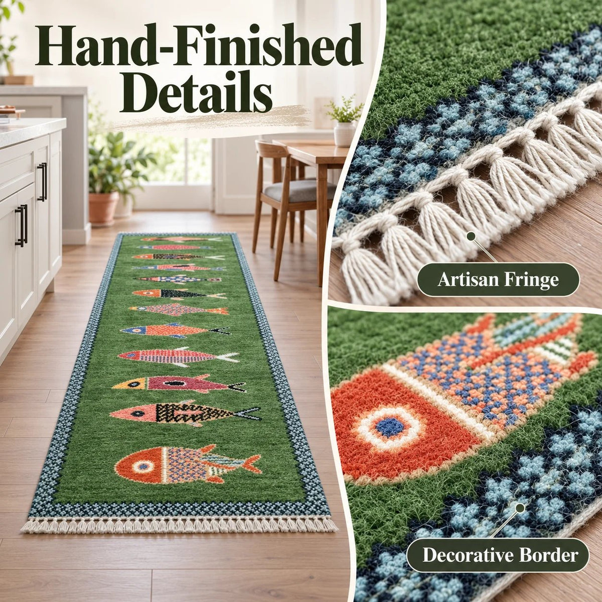 Handknotted Fish design Runner Rug - Blue - Green color Contemporary Style Wool Runner Rug - Hallway Runner - Kitchen runner - Boho runner
