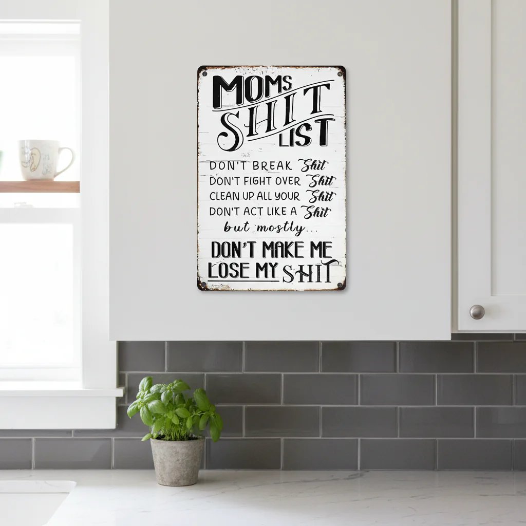 "Mom’s Shit List" Funny Metal Sign – Sarcastic Tin Plaque for the Queen of the House