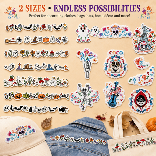 Water-Soluble Stick and Stitch Embroidery Patterns - Beginner Friendly Halloween & Floral Designs