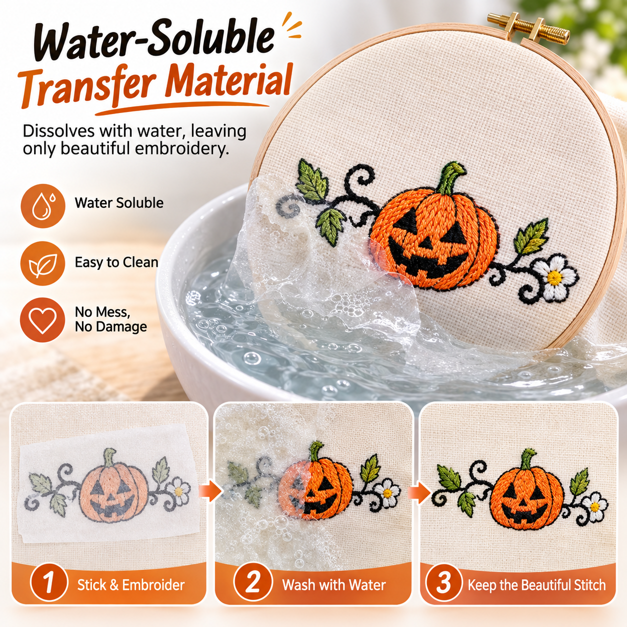 Water-Soluble Stick and Stitch Embroidery Patterns - Beginner Friendly Halloween & Floral Designs