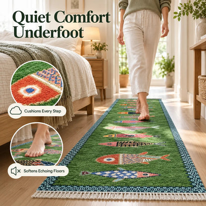 Handknotted Fish design Runner Rug - Blue - Green color Contemporary Style Wool Runner Rug - Hallway Runner - Kitchen runner - Boho runner