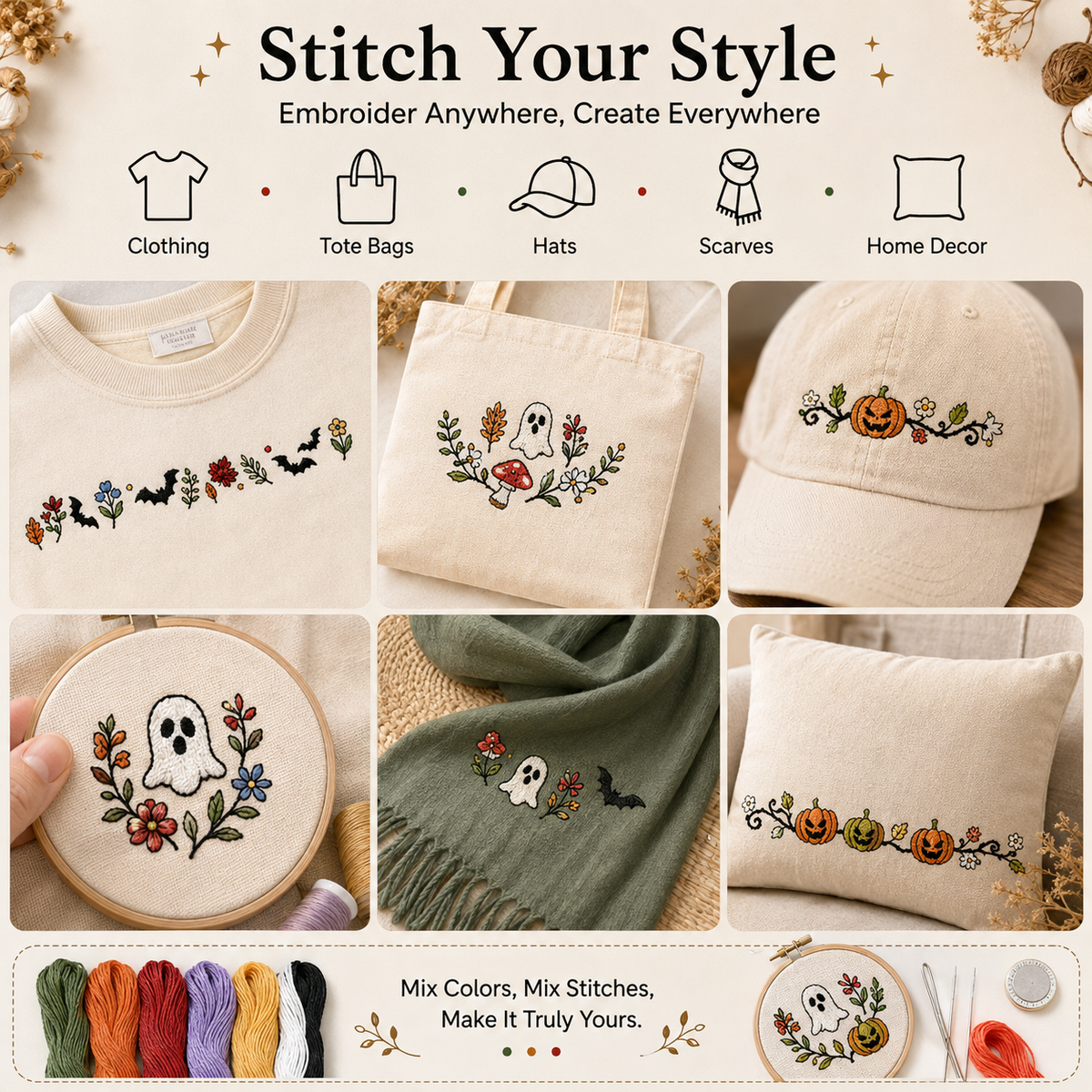 Water-Soluble Stick and Stitch Embroidery Patterns - Beginner Friendly Halloween & Floral Designs