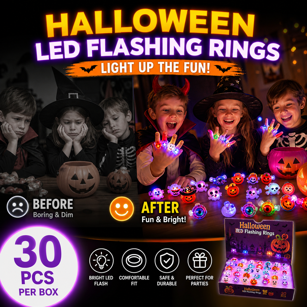 🎁LED Light Halloween Glowing Ring😍Set of 30 PCS