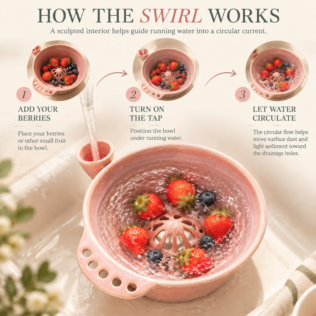 Handmade Ceramic Swirl Berry Washing Bowl — Water-Powered Vortex | 2 Sizes | No Electricity Needed