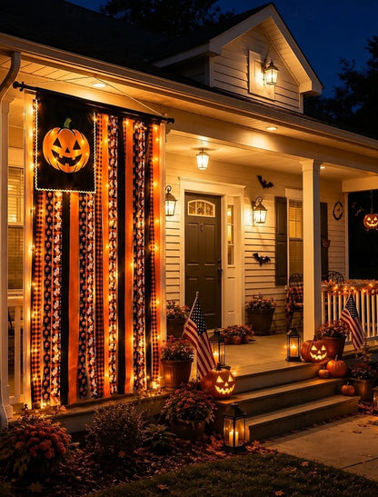 Halloween Banner Flag Pre-Lit Pumpkin Fabric Ribbon Garland Streamers