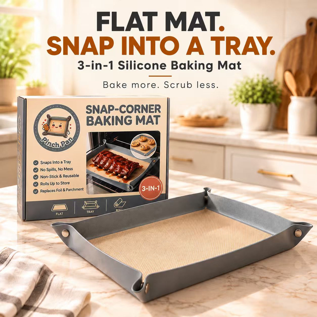 🔥Pinch Pan™ | 2-in-1 Silicone Baking Mat That Snaps Into a Tray
