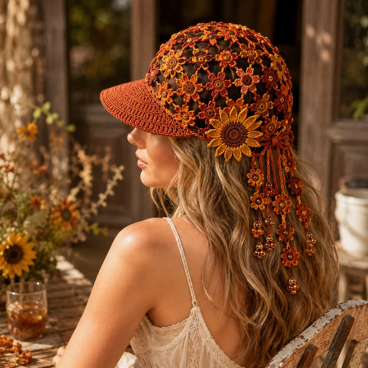 🔥Last Day 49% OFF - 🌻Women’s Handmade Crochet Sunflower Baseball Cap – Hollow-Out Boho Summer Sun Hat with Decorative Tassels