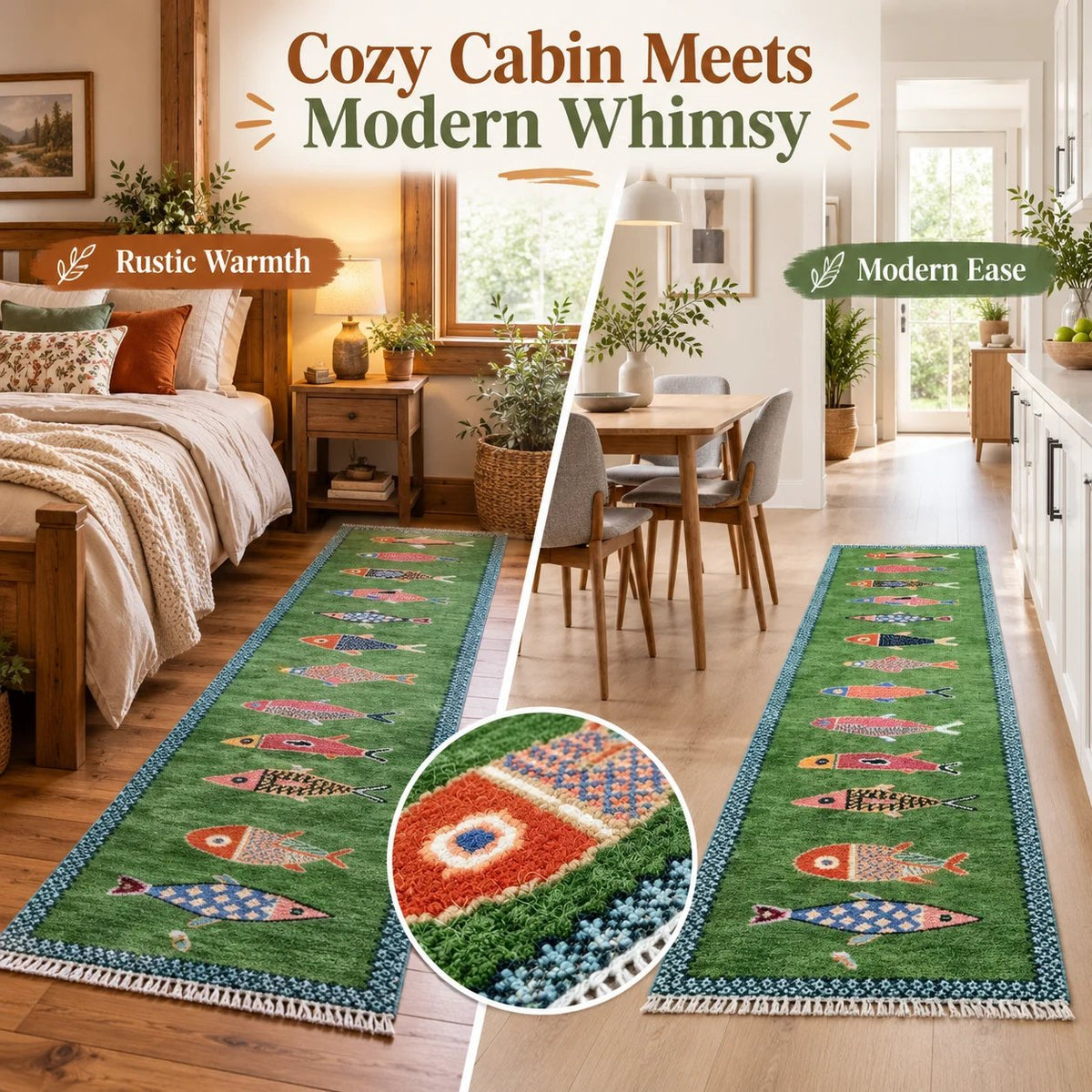 Handknotted Fish design Runner Rug - Blue - Green color Contemporary Style Wool Runner Rug - Hallway Runner - Kitchen runner - Boho runner