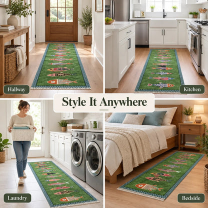 Handknotted Fish design Runner Rug - Blue - Green color Contemporary Style Wool Runner Rug - Hallway Runner - Kitchen runner - Boho runner