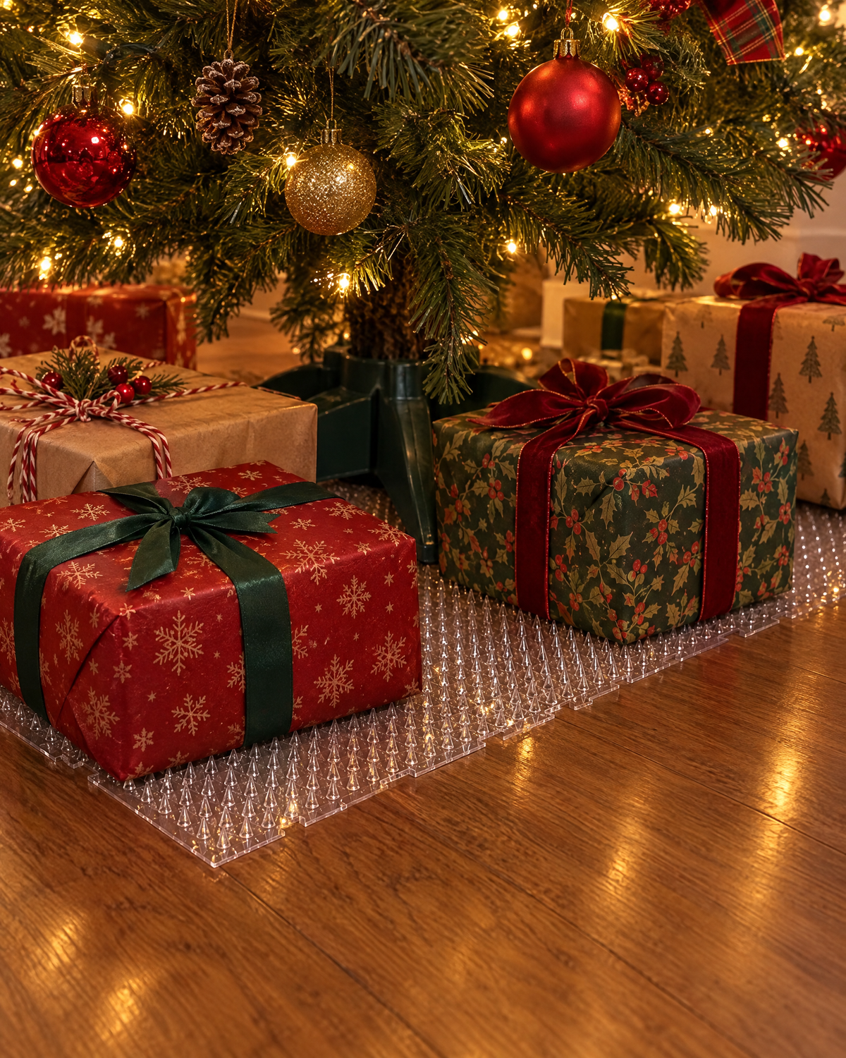 Wrapped presents sitting on the clear sheets under the tree