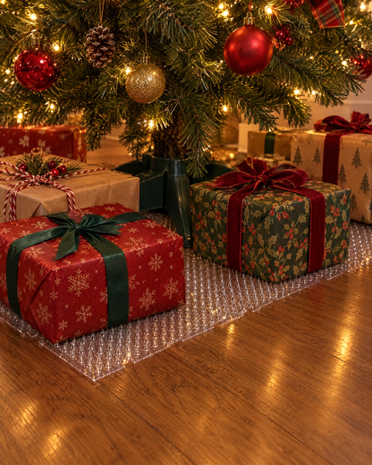 Wrapped presents sitting on the clear sheets under the tree