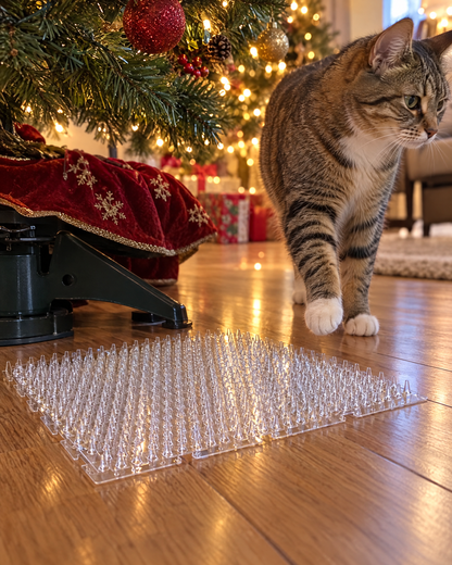 A cat walking away from the clear sheet beside the tree stand