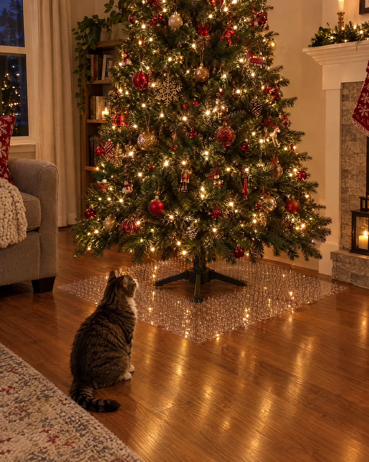 Decorated Christmas tree with the clear Tree Halo around the stand and a cat sitting nearby