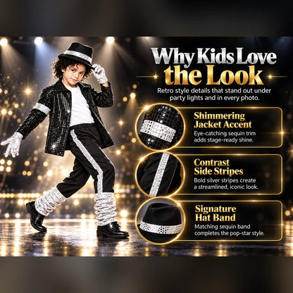 Kids’ Retro Pop Star Halloween Costume – 5-Piece Black Sparkle Set