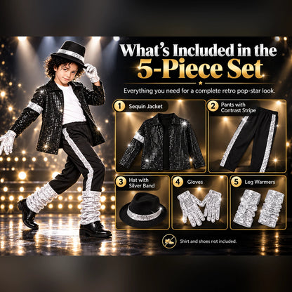 Kids’ Retro Pop Star Halloween Costume – 5-Piece Black Sparkle Set